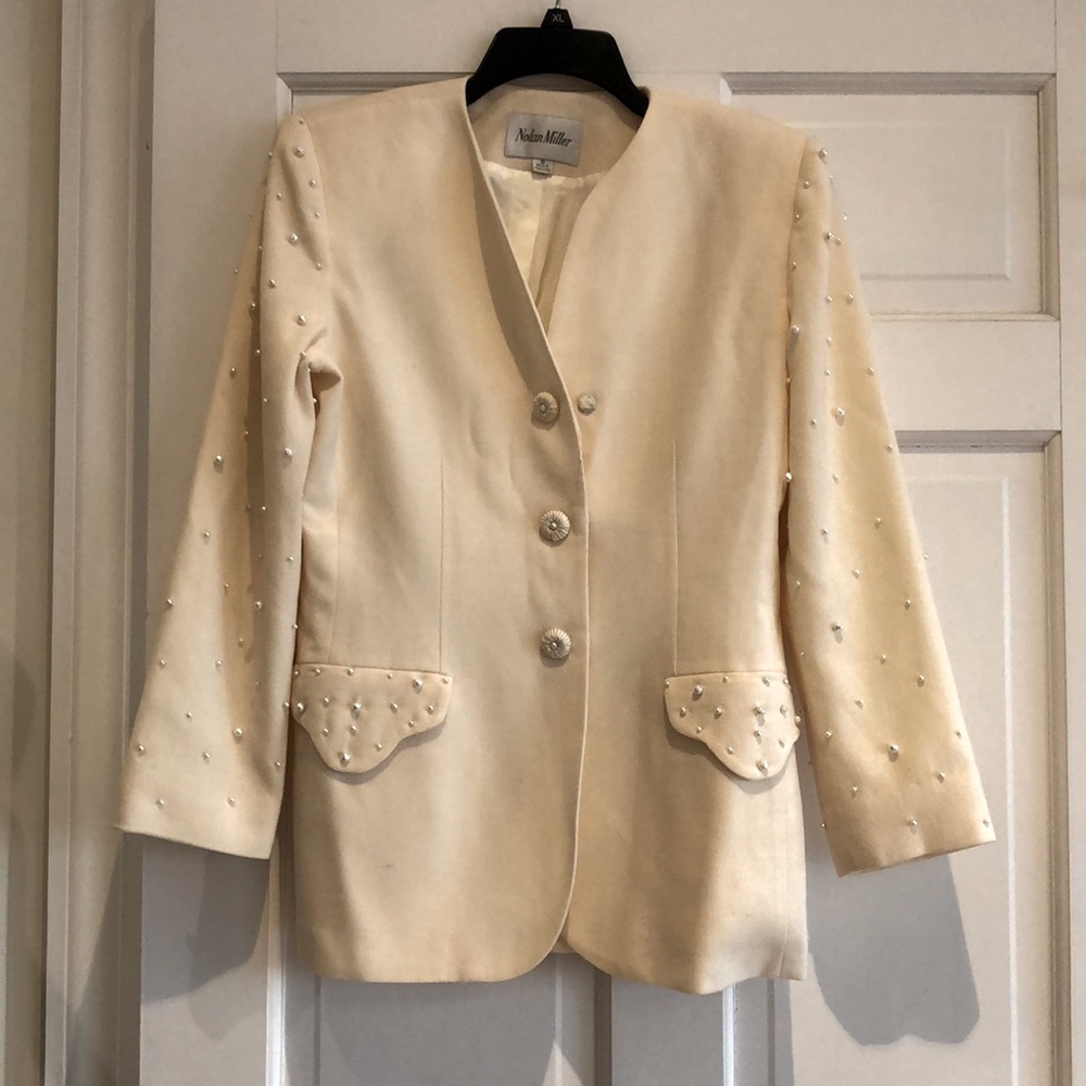 100 Wool Nolan Miller Cream Suit Jacket With Pearls,… Gem